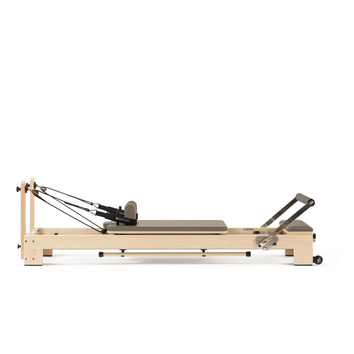 Elina Pilates Lignum wooden reformer in mocha, full side view