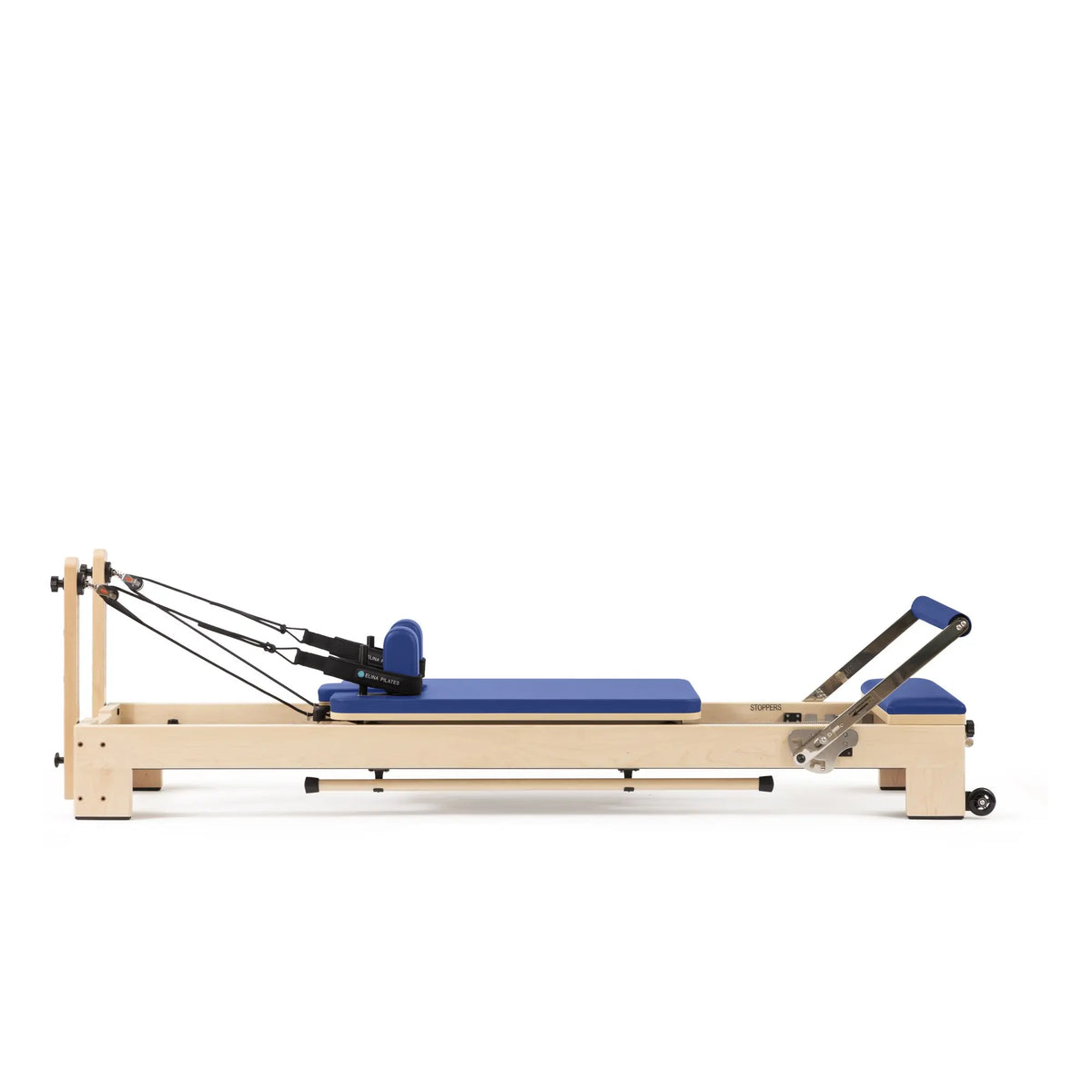 Elina Pilates Lignum wooden reformer in blue, full side view