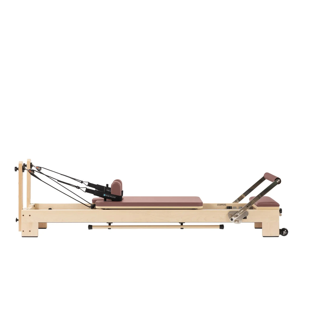 Custom-color Elina Pilates Lignum wooden reformer in Dusty Rose, full side view