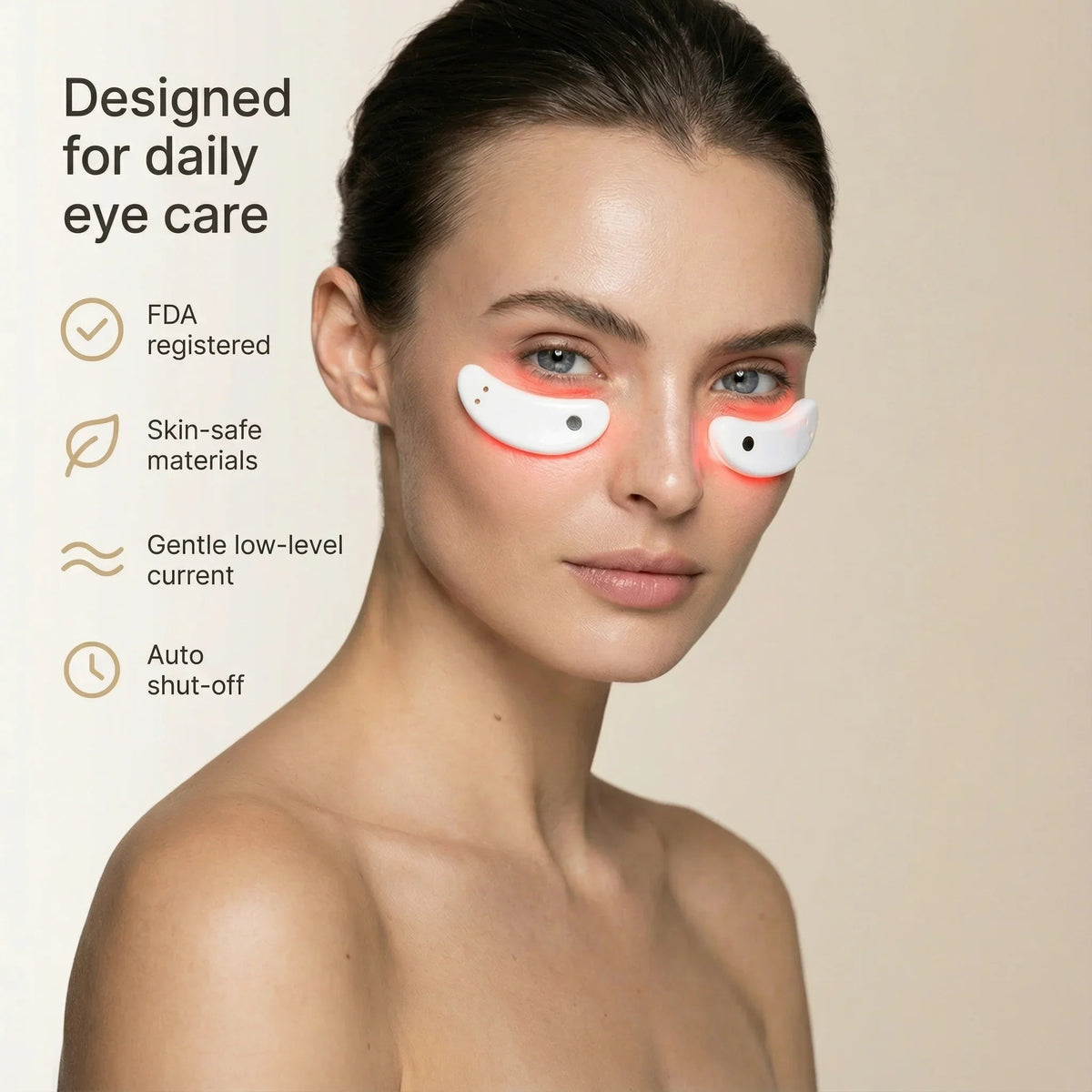 Woman wearing the Nicebeam Red Light Therapy Eye Pods with daily eye care feature icons