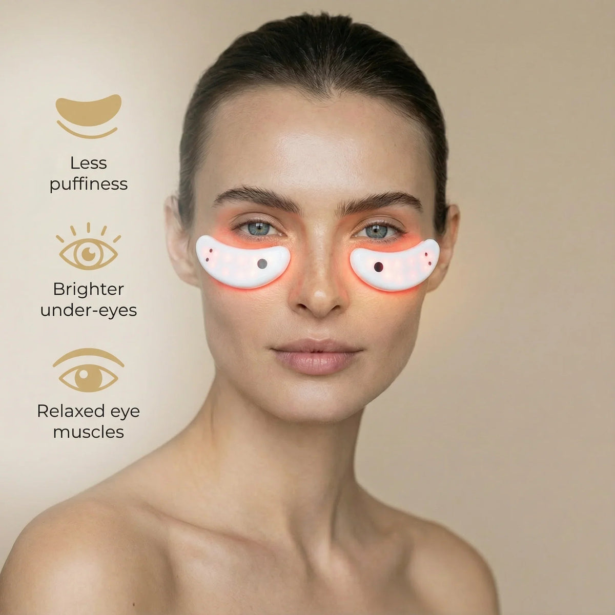 Woman wearing the Nicebeam Red Light Therapy Eye Pods with eye area benefit icons