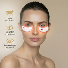 Woman wearing the Nicebeam Red Light Therapy Eye Pods with eye area benefit icons