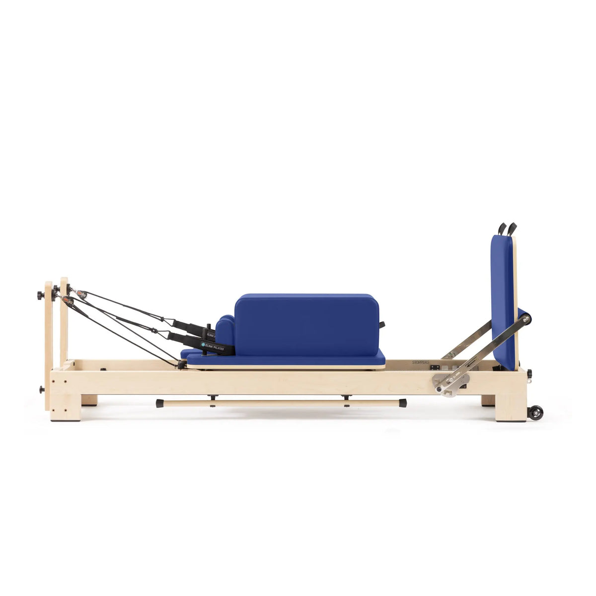 Elina Pilates Lignum wooden reformer in blue with sitting box