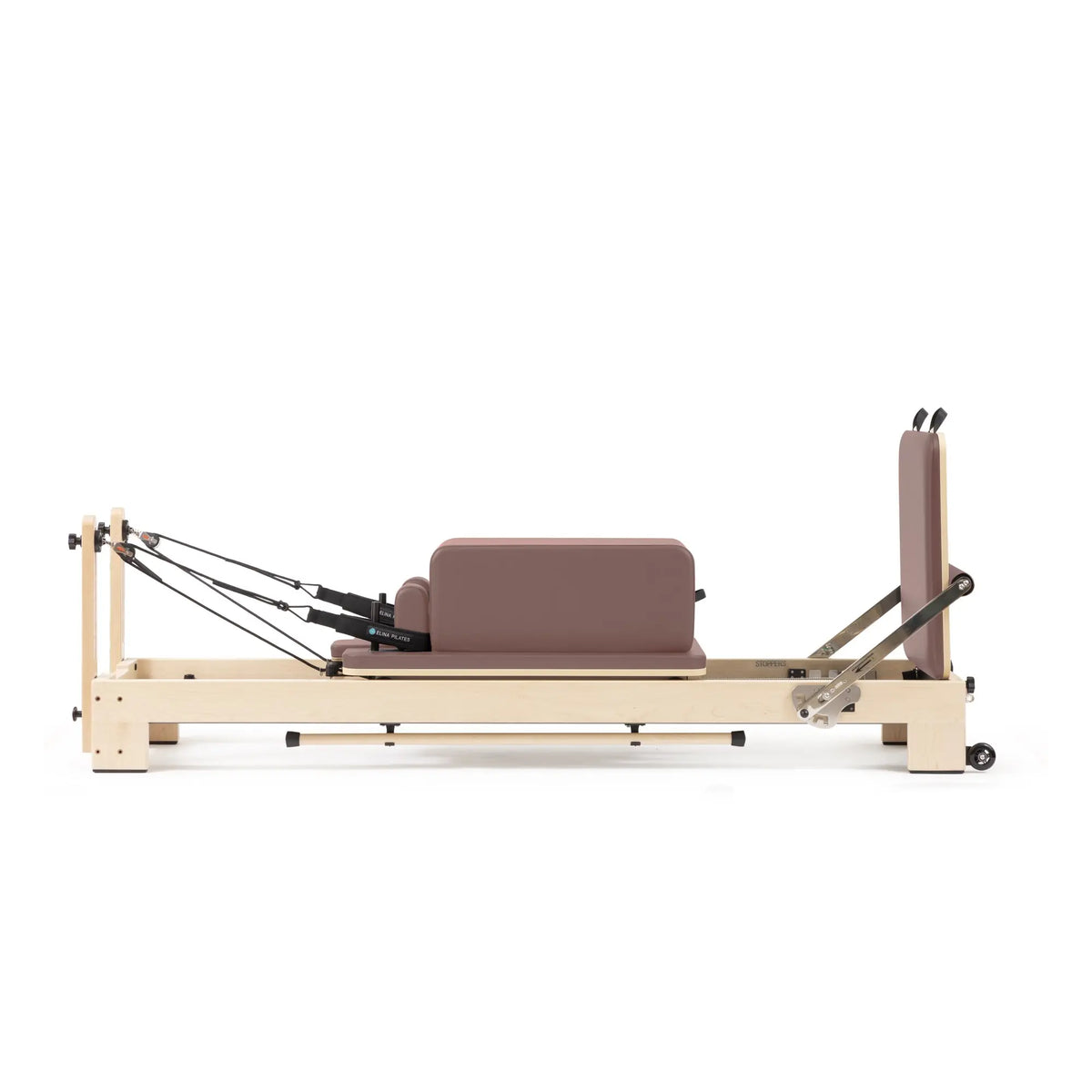 Custom-color Elina Pilates Lignum wooden reformer in Dusty Rose with sitting box
