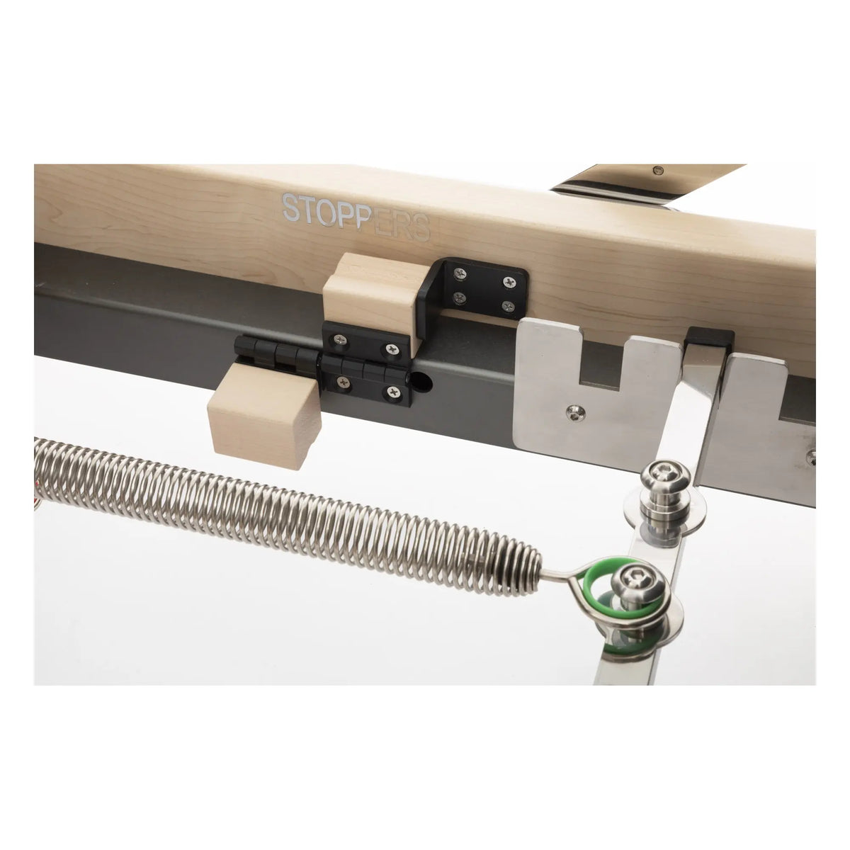 Close-up of the stopper system on the Elina Pilates Lignum Reformer