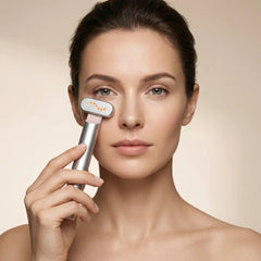 Woman using the Nicebeam 4-in-1 Skincare Wand on her lower cheek