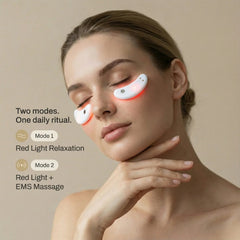 Woman wearing the Nicebeam Red Light Therapy Eye Pods with a two mode graphic