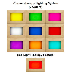 Chromotherapy lighting graphic for the Dynamic Santorini sauna showing 9 color options and a red light feature