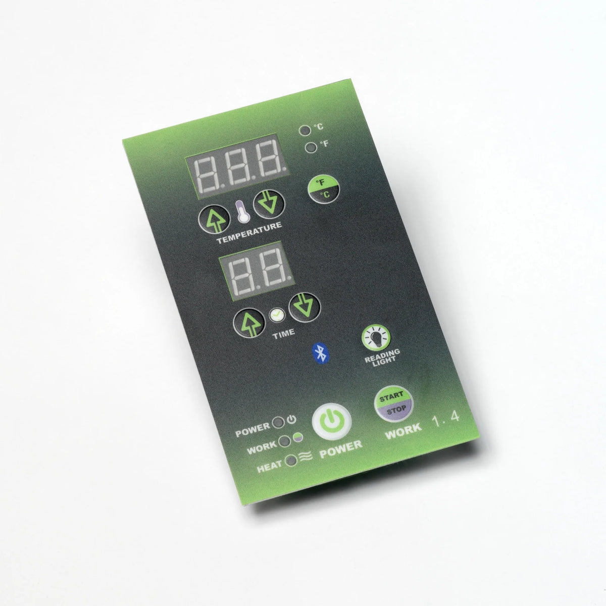 Dynamic Santorini infrared sauna green control panel with temperature and timer displays
