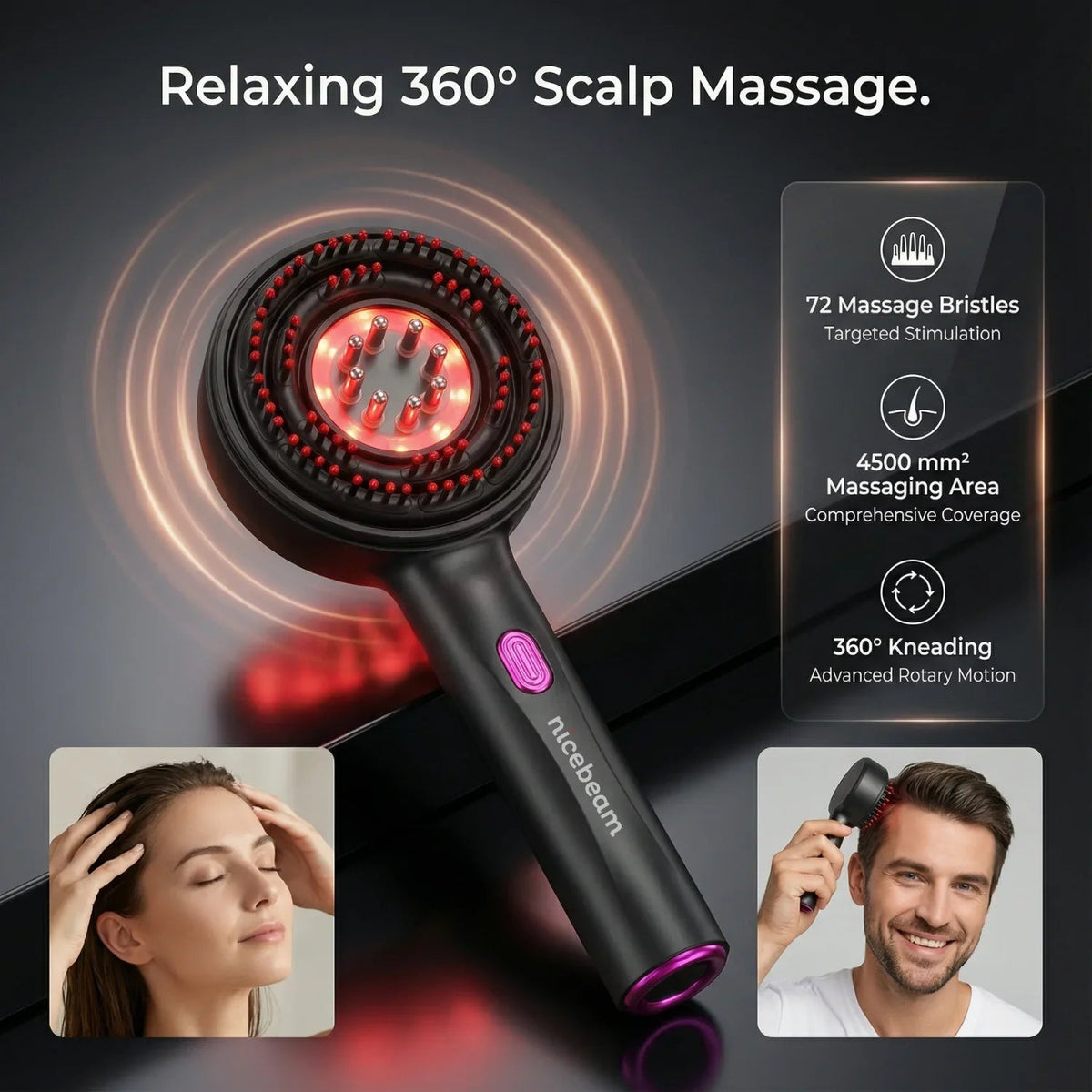 Nicebeam 3-in-1 Scalp Massager graphic about 360 degree scalp massage with feature list