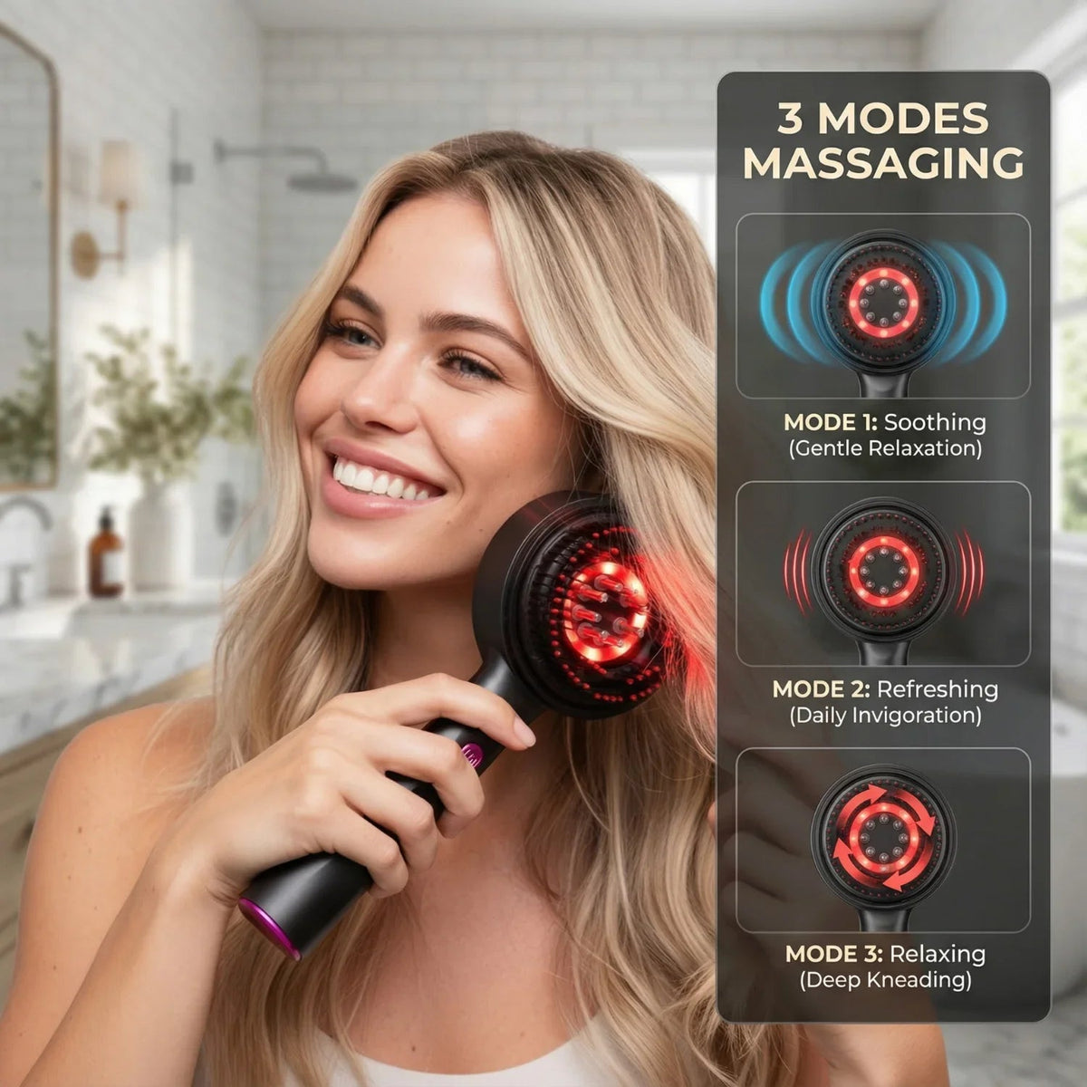 Smiling woman using the Nicebeam red light scalp massager