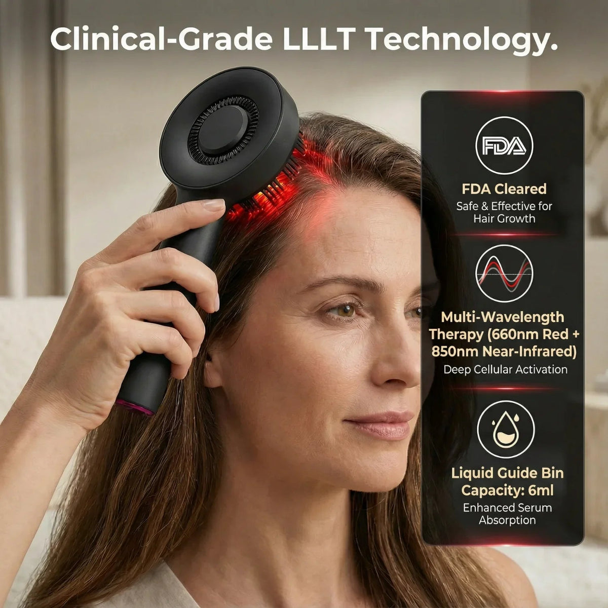 Woman using the Nicebeam 3-in-1 Scalp Massager with a technology feature list