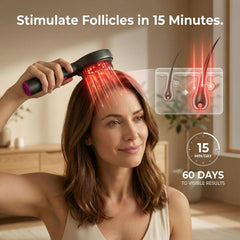 Woman using the Nicebeam 3-in-1 Scalp Massager with a 15 minute session graphic