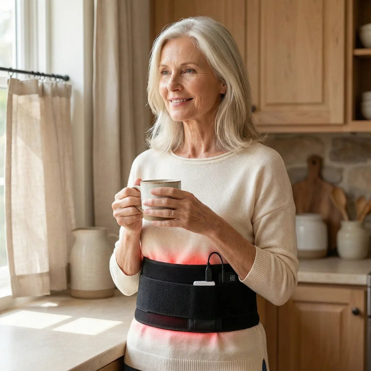 Woman holding a mug while wearing the Nicebeam Red Light Therapy Band around her waist
