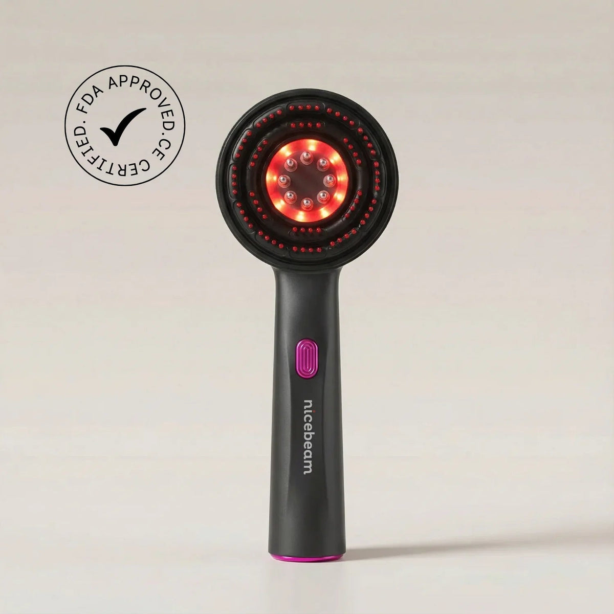 Nicebeam 3-in-1 Scalp Massager with red light LEDs on a beige background