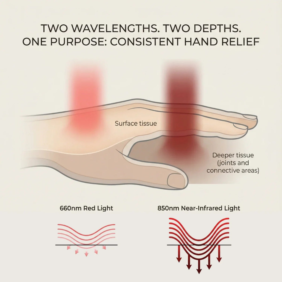 Nicebeam Red Light Therapy Hand Gloves graphic showing 660 nm and 850 nm light depth