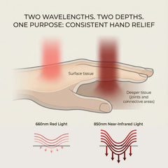 Nicebeam Red Light Therapy Hand Gloves graphic showing 660 nm and 850 nm light depth