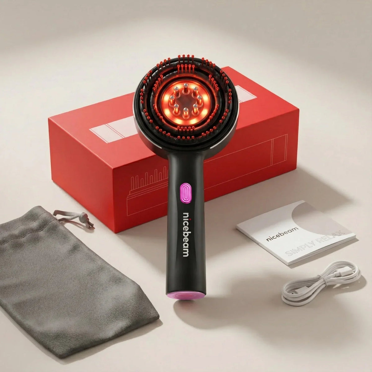 Nicebeam 3-in-1 Scalp Massager kit with red box, travel pouch, cable and manual