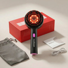 Nicebeam 3-in-1 Scalp Massager kit with red box, travel pouch, cable and manual