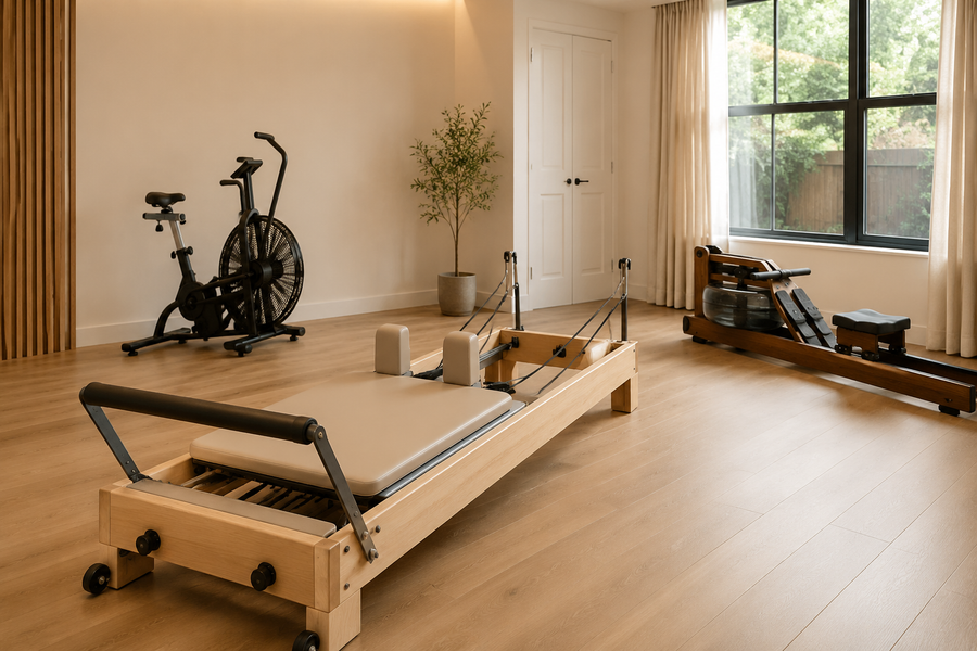 Home gym with a Pilates reformer, air bike and wooden rowing machine