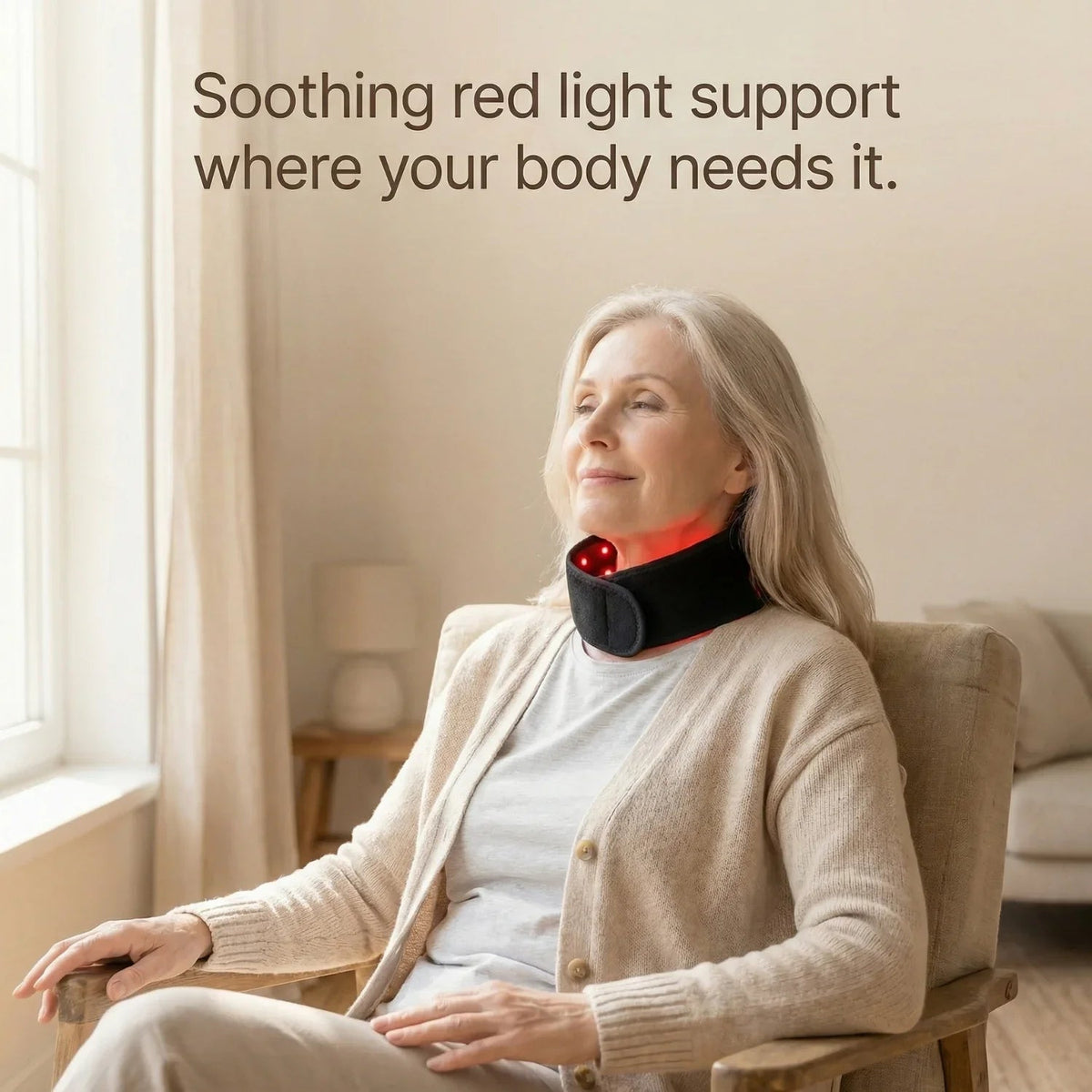 Older woman relaxing in an armchair with the Nicebeam red light therapy strap on her neck