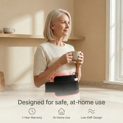 Woman wearing the Nicebeam Red Light Therapy Band with at-home use and warranty icons