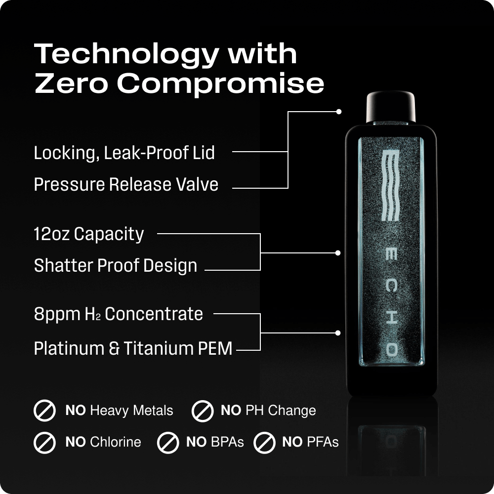 Echo Flask hydrogen water bottle with its lid, pressure release valve and PEM components labeled