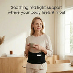 Woman in a kitchen wearing the Nicebeam Red Light Therapy Band around her waist