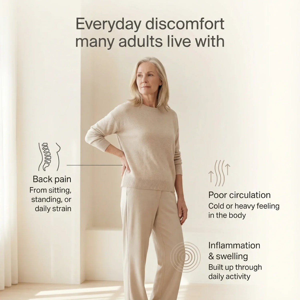 Nicebeam Red Light Therapy Band graphic listing everyday discomfort areas next to a woman
