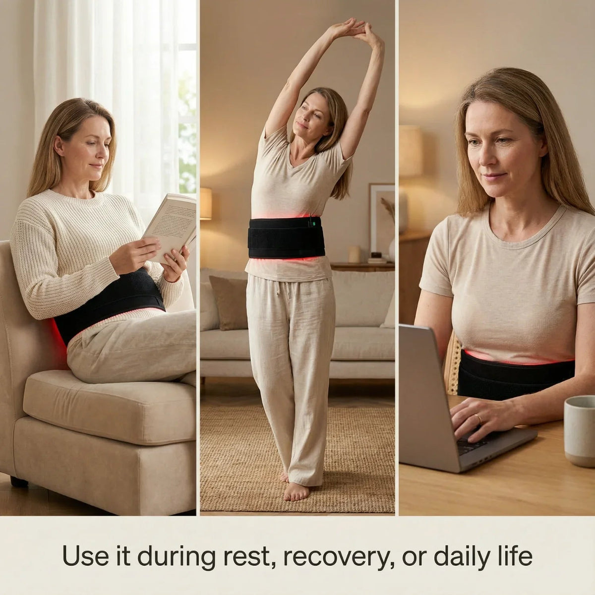 Women wearing the Nicebeam red light therapy band at rest, stretching and working