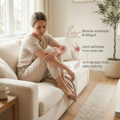 Woman on a sofa holding her arm with labels for common arm discomfort