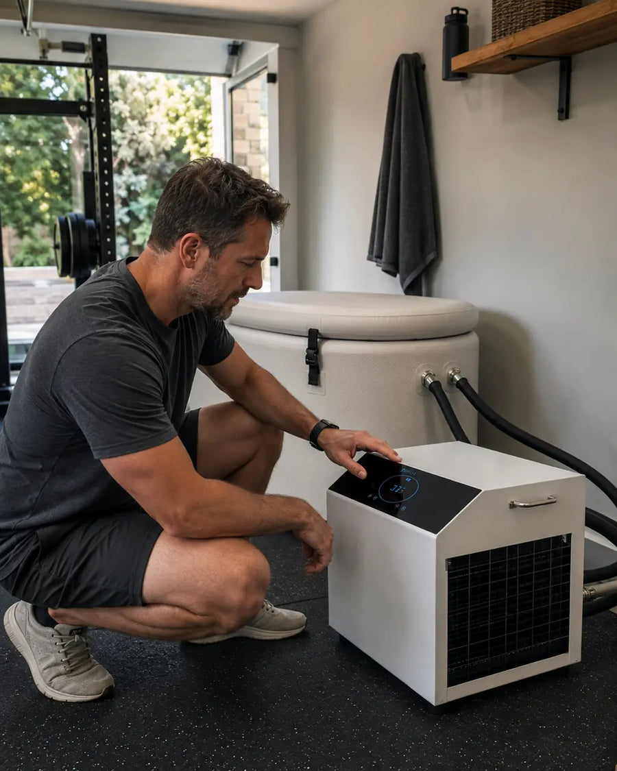 Man checking the controls of a cold plunge chiller connected to an inflatable tub in a home gym.