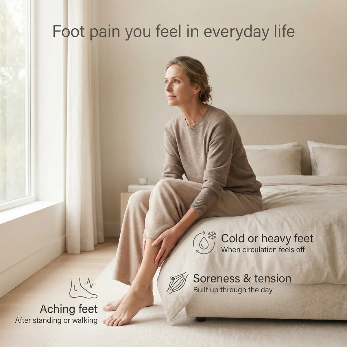 Graphic of a woman sitting on a bed with labels for common foot discomfort