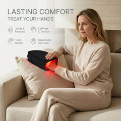 Woman using a Nicebeam Red Light Therapy Hand Glove with a list of hand comfort icons