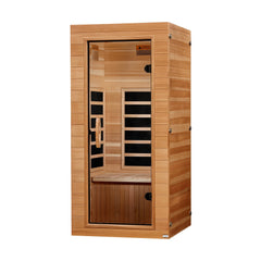 Dynamic Vero Elite DYN-1201-01 compact one-person Ultra Low EMF infrared sauna, opposite angled view