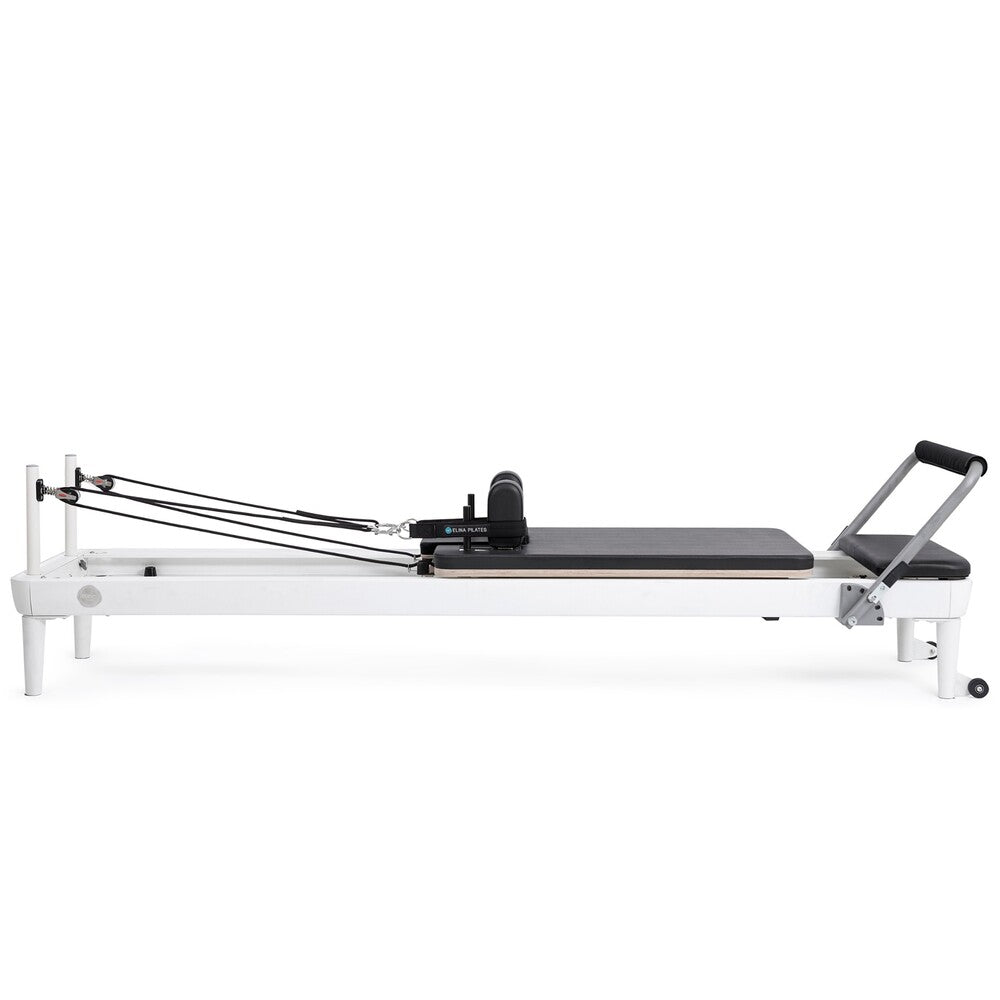 Elina Pilates Nubium aluminum reformer with black upholstery, side view