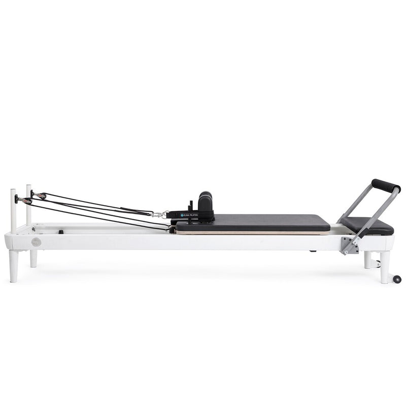 Elina Pilates Nubium aluminum reformer with black upholstery, side view