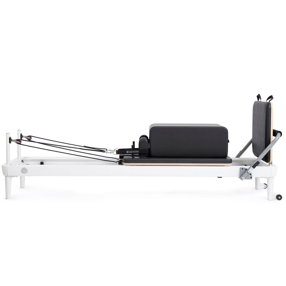 Elina Pilates Nubium reformer in black with box and jump board installed