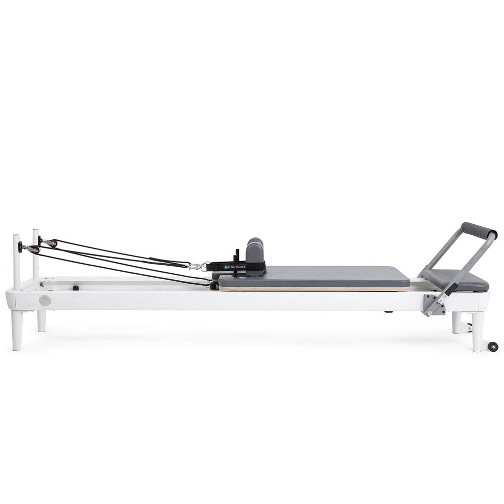 Elina Pilates Nubium aluminum reformer with gray upholstery, side view