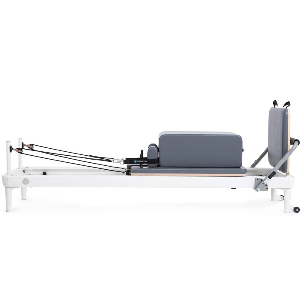 Elina Pilates Nubium reformer in gray with box and jump board installed