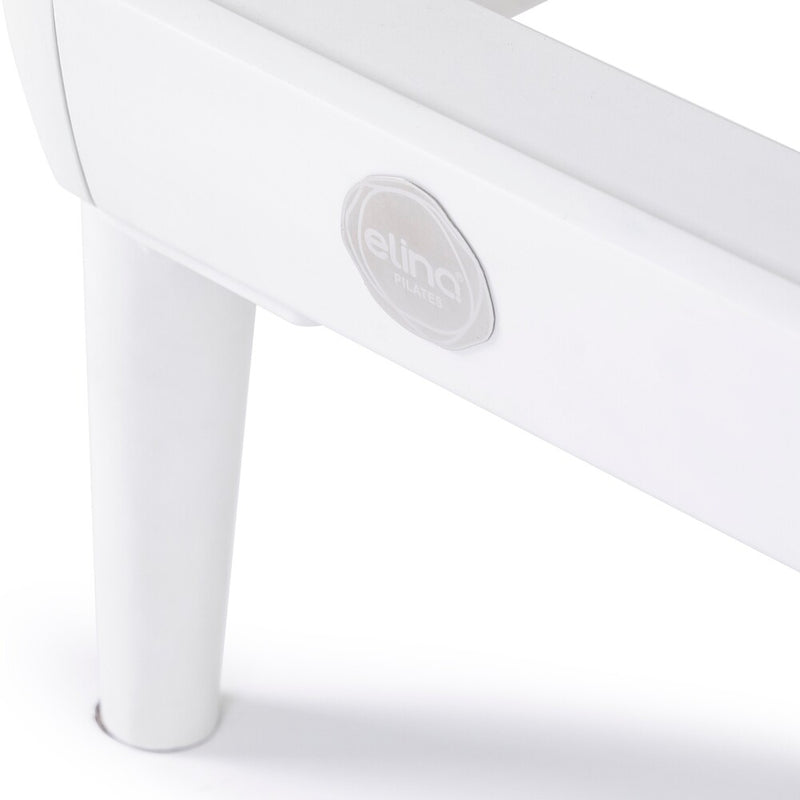 White aluminum frame detail on the Elina Pilates Nubium reformer