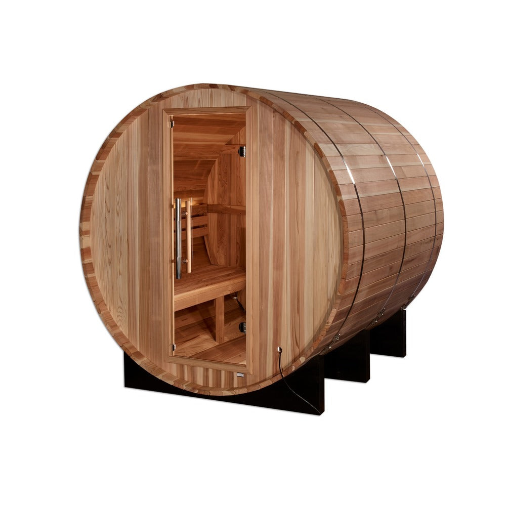 Golden Designs Arosa 4 Person Outdoor Barrel Traditional Sauna front view