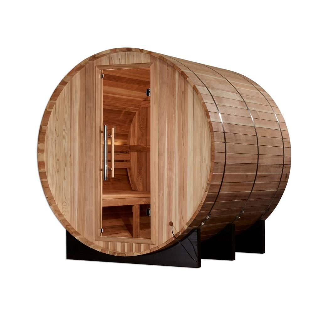 Golden Designs Arosa 4 Person Outdoor Barrel Traditional Sauna left angle