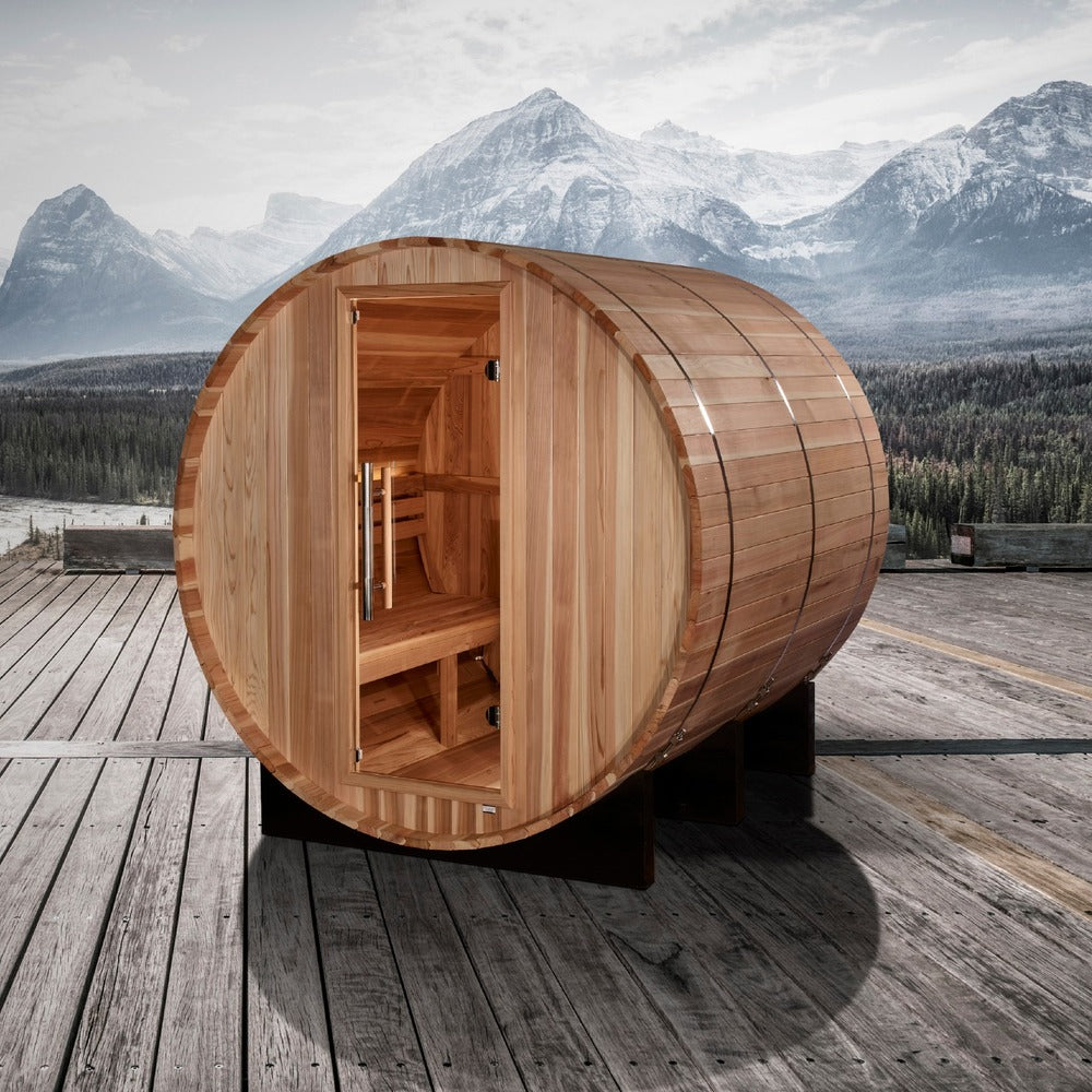 Golden Designs Arosa 4 Person Outdoor Barrel Traditional Sauna mountain deck lifestyle