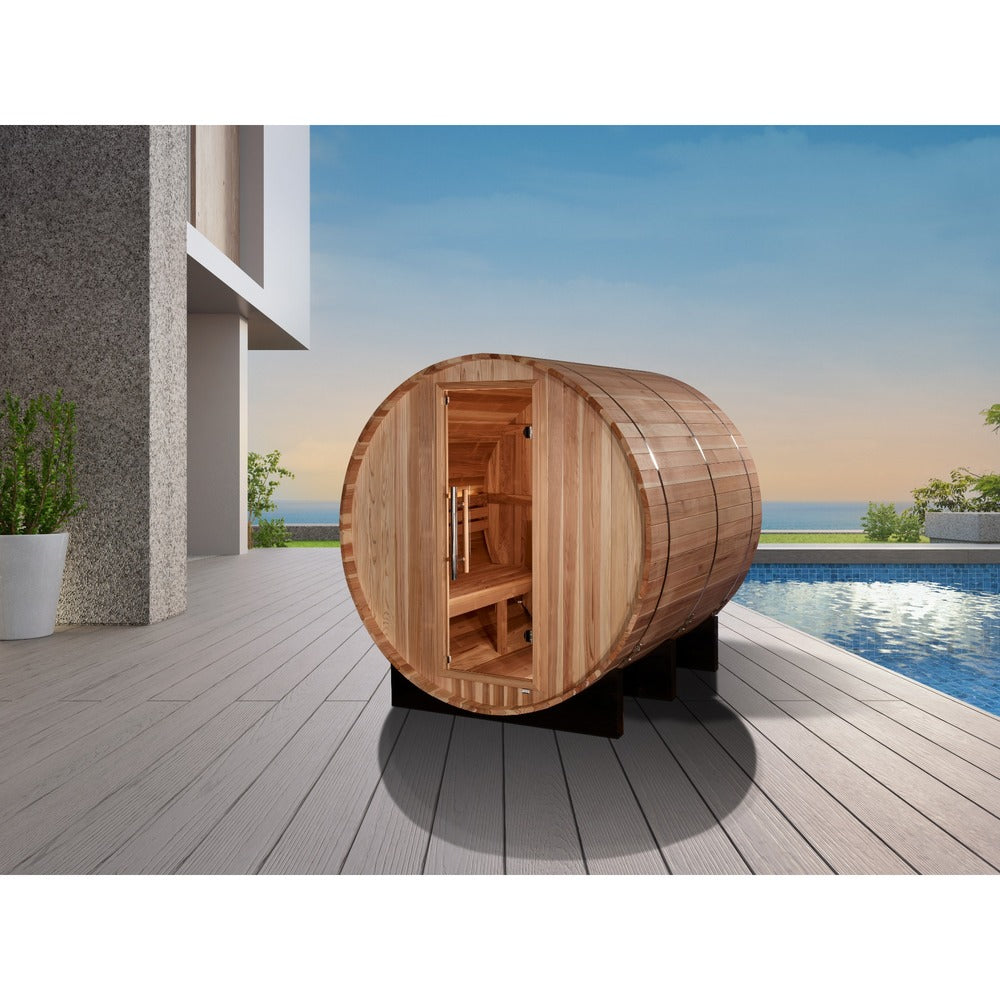 Golden Designs Arosa 4 Person Outdoor Barrel Traditional Sauna poolside lifestyle