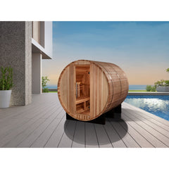Golden Designs Arosa 4 Person Outdoor Barrel Traditional Sauna poolside lifestyle