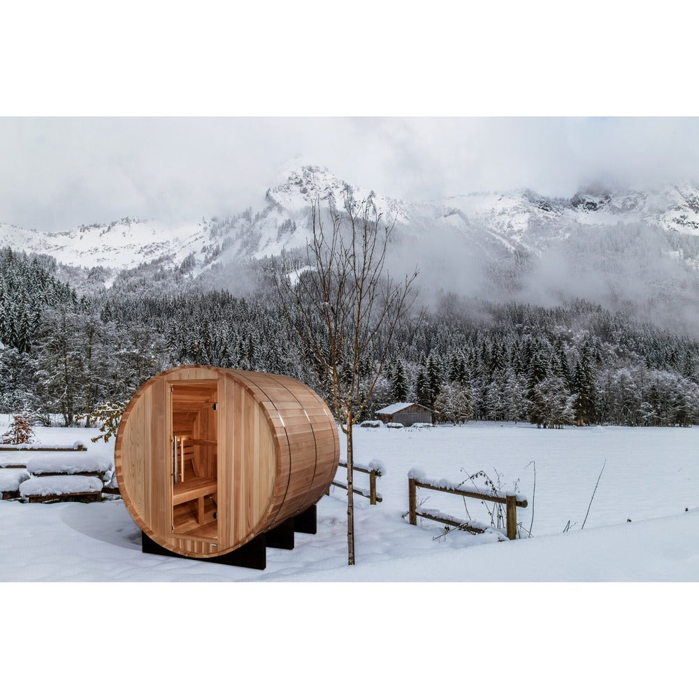 Golden Designs Arosa 4 Person Outdoor Barrel Traditional Sauna poolside lifestyle
