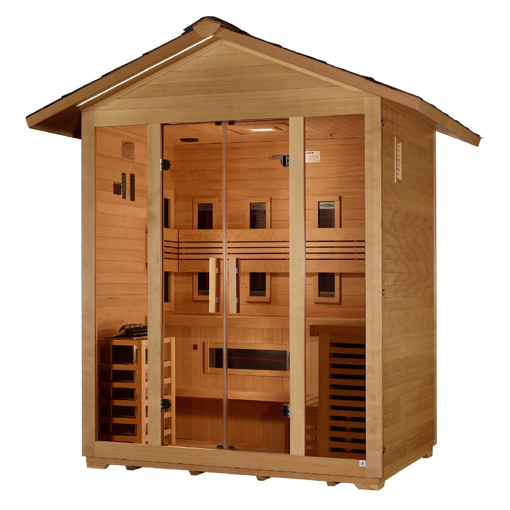 Golden Designs Gargellen 5 Person Outdoor Hybrid Sauna right angle