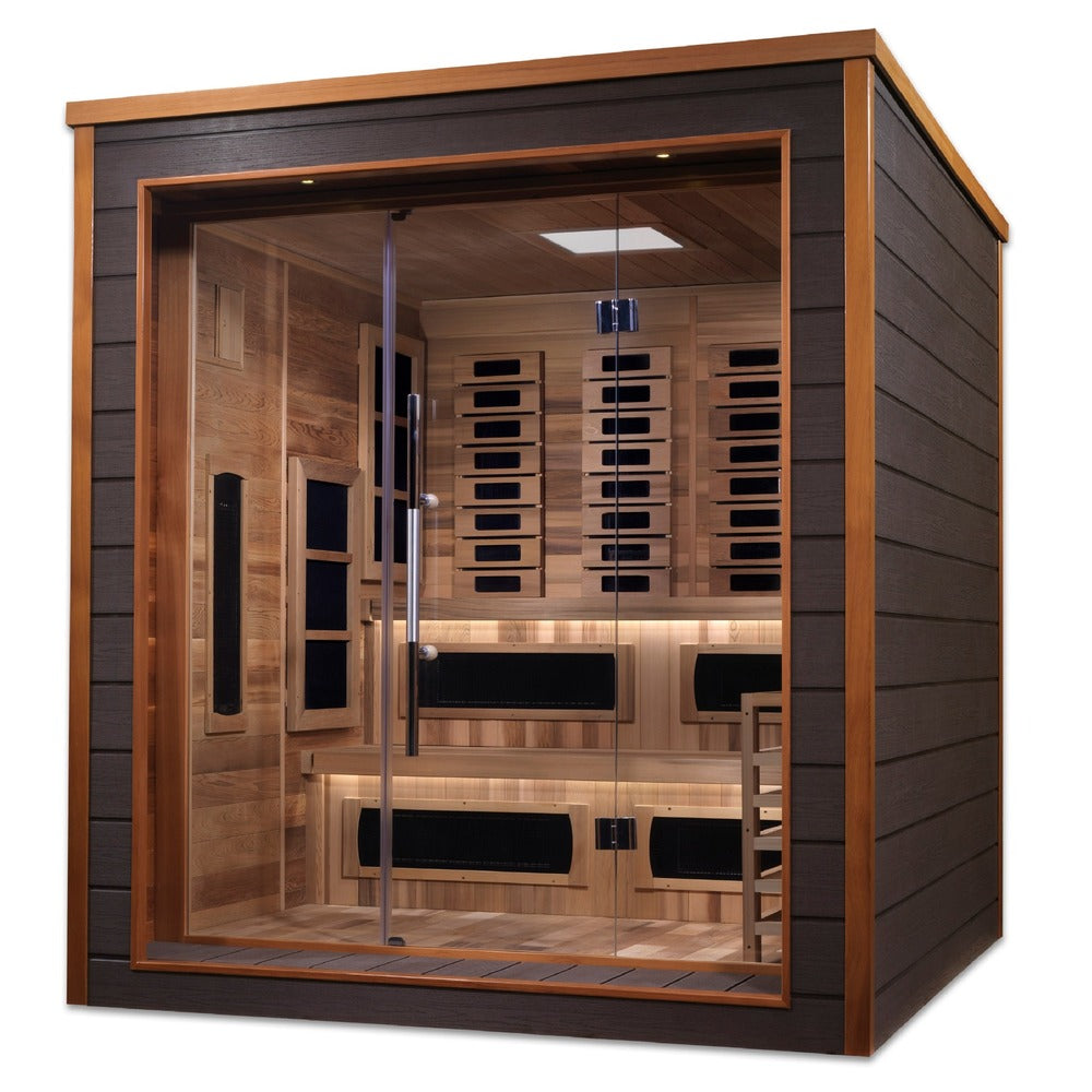 Golden Designs Karlstad 6 person modern outdoor hybrid sauna with the interior visible