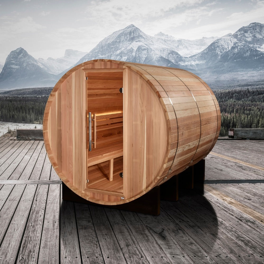 Golden Designs Klosters 6 Person Outdoor Barrel Traditional Sauna mountain deck lifestyle